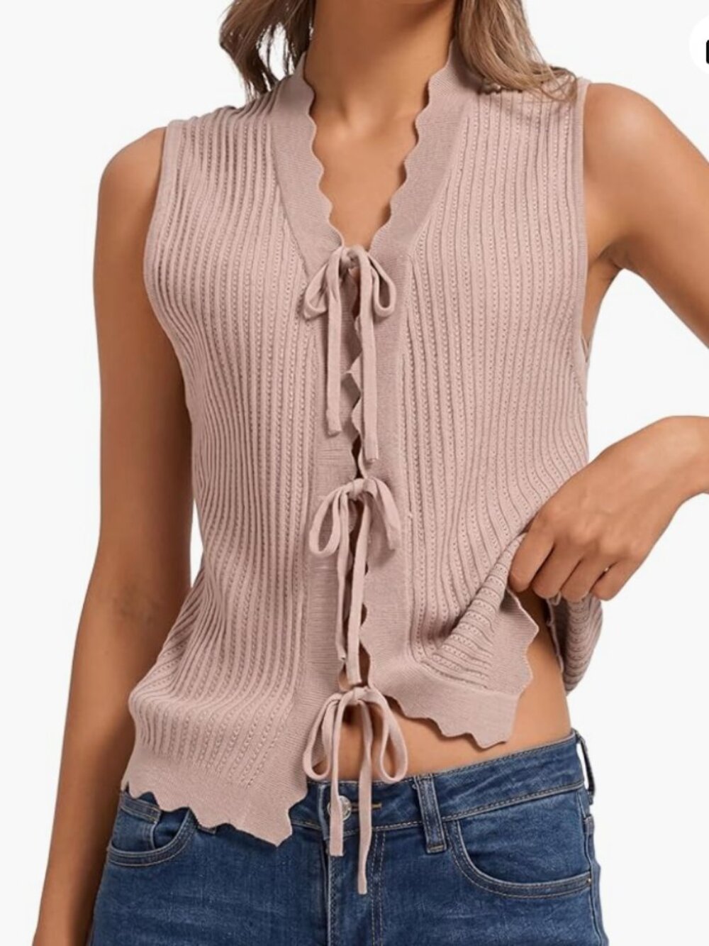 Orolay CHIIONE Tie Front Sweater Vest Women Scalloped Knit Summer Tank Tops
